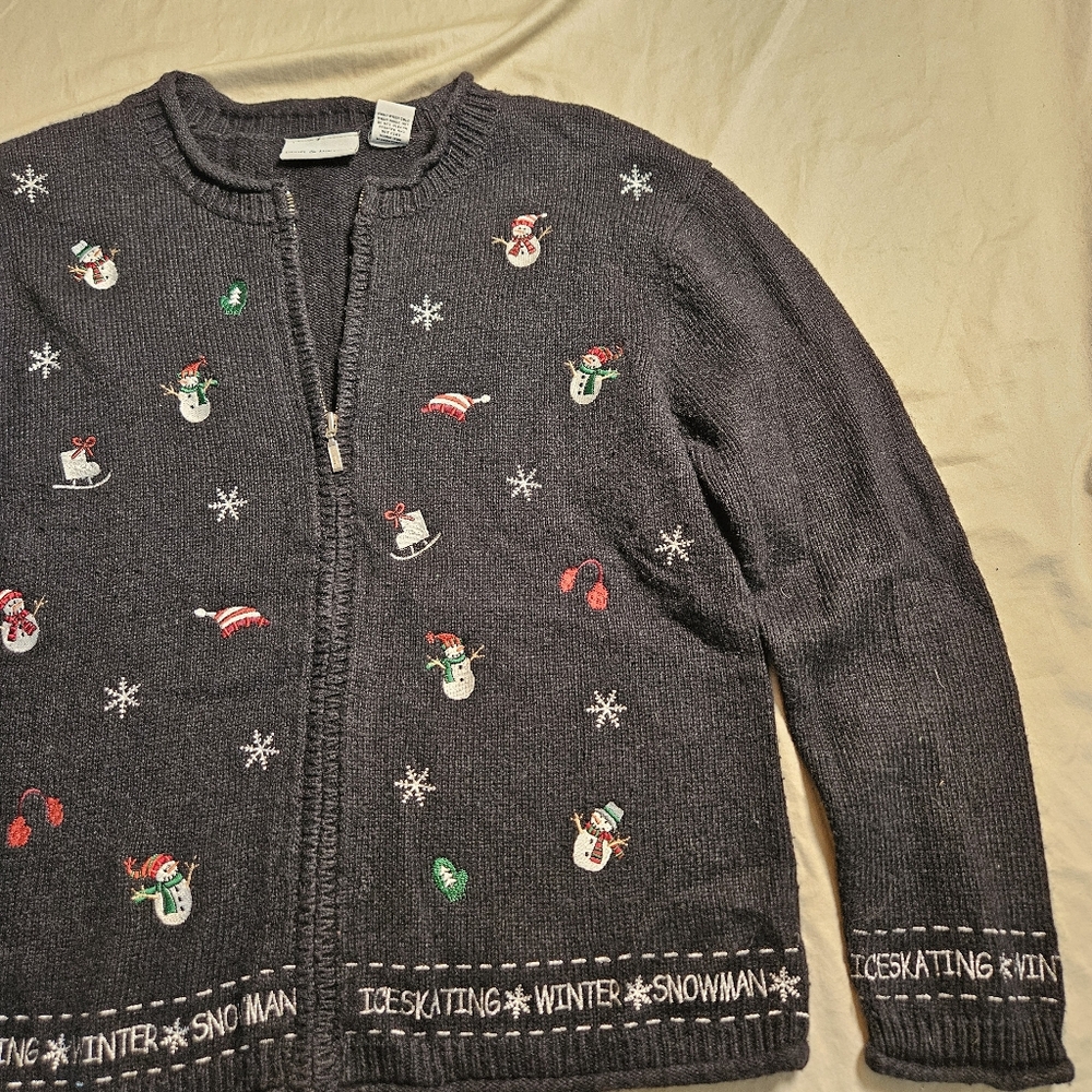 Vtg 90s/Y2K Croft &‎ Barrow Black Snowman ICESKATING Winter Sweater Cardigan S
